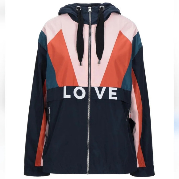 Maje Blima Colour Blocked Love Logo-Print Windproof Navy Zip Jacket 36 or Small - Picture 16 of 16